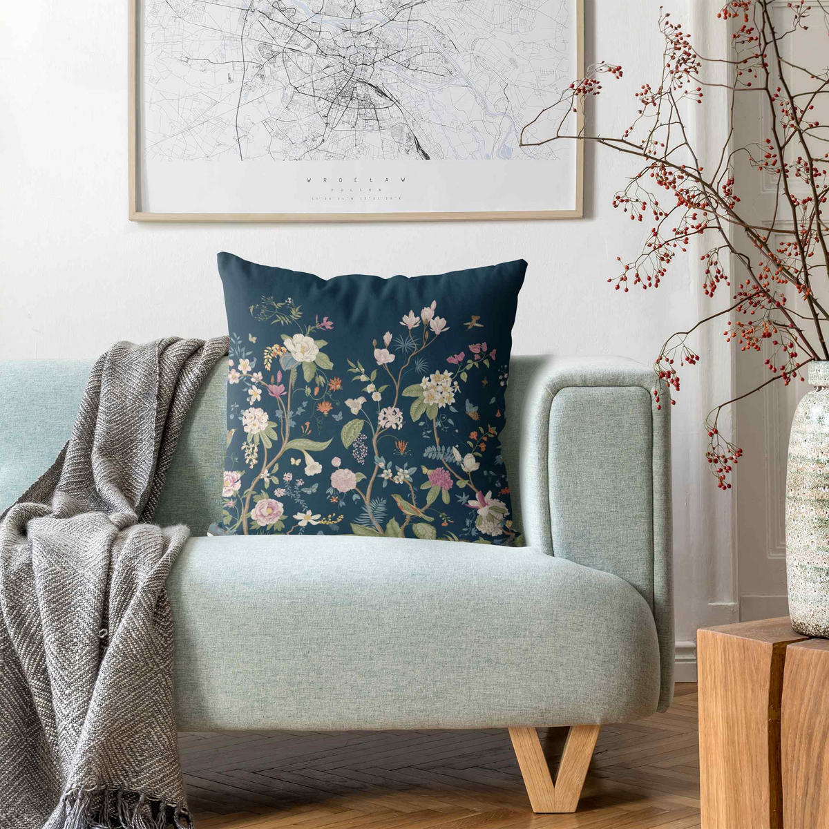 DEKOKISSEN Illustrierte Blumen Chinoiserie auf Dunkelblau 50/50 cm - Blau, Textil (50/50/10cm) - Bilderwelten