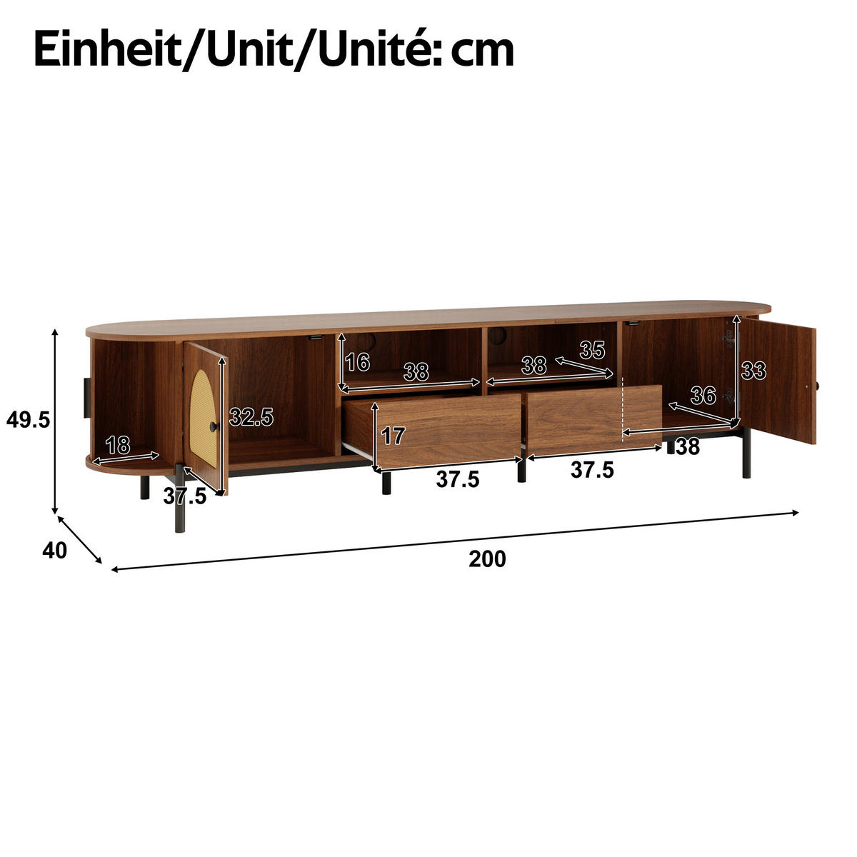 TV-SCHRANK Oval Rattan Schiebetüren Metallbeine modern - Walnussfarben, Holzwerkstoff (40/49.5/200cm) - FLIEKS