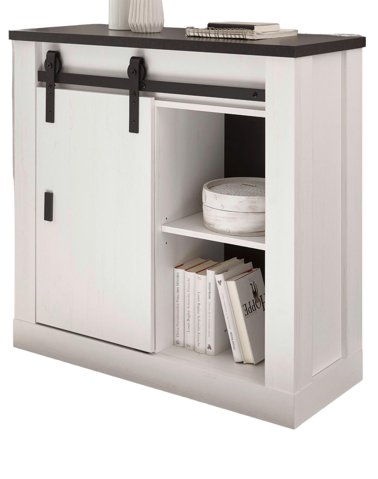 KOMMODE weiß Pinie, anthrazit, Landhaus, Schiebetürenkommode 93 x 91 cm - Anthrazit/Weiß, Holzwerkstoff/Metall (93/91/38cm) - Furn.Design