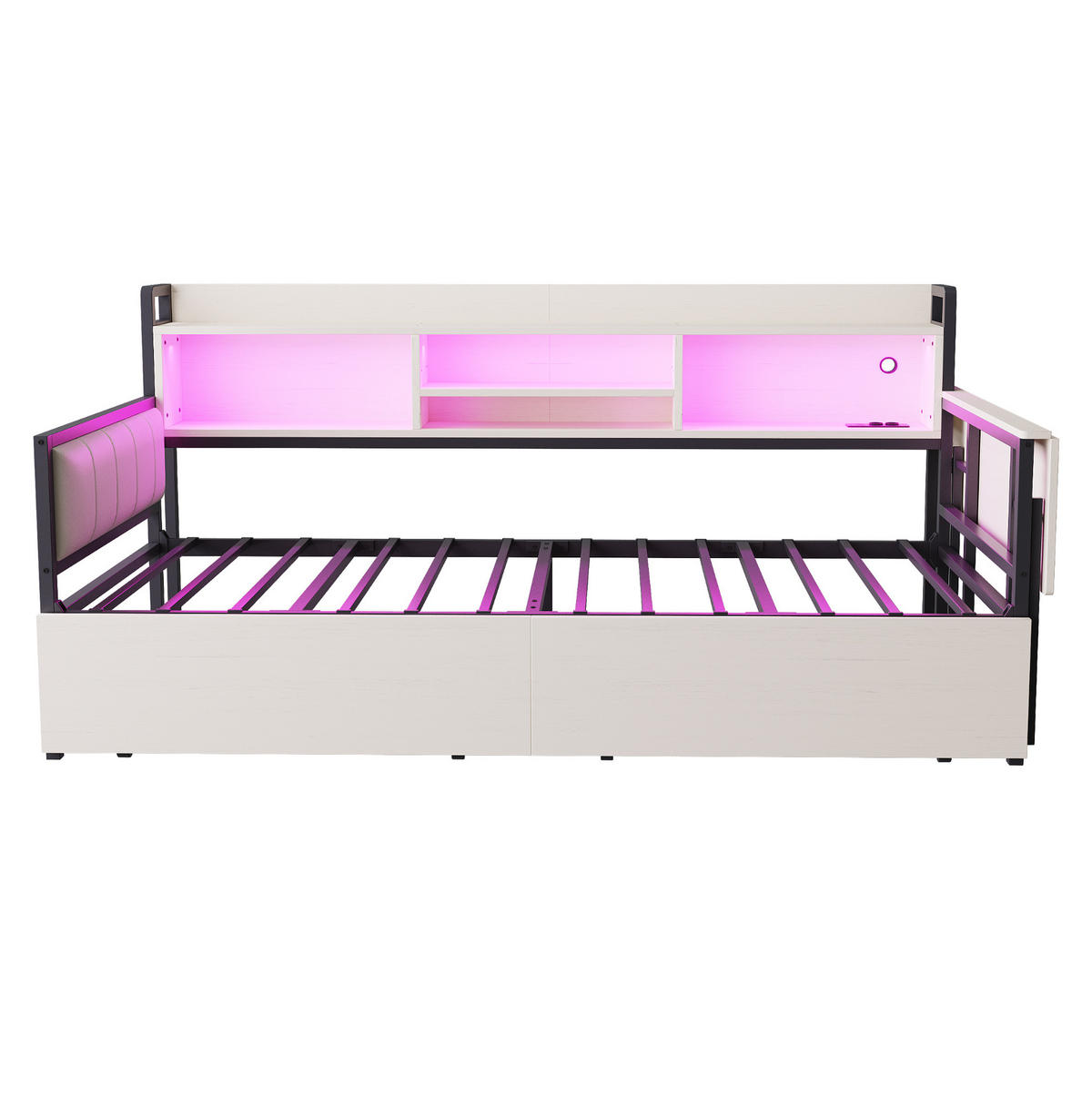 METALNI krevet 90/200 cm s LED osvjetljenjem, ladicama i izvlačnim radnim stolom, Bijela - bijela, metal (90/200cm) - Redom