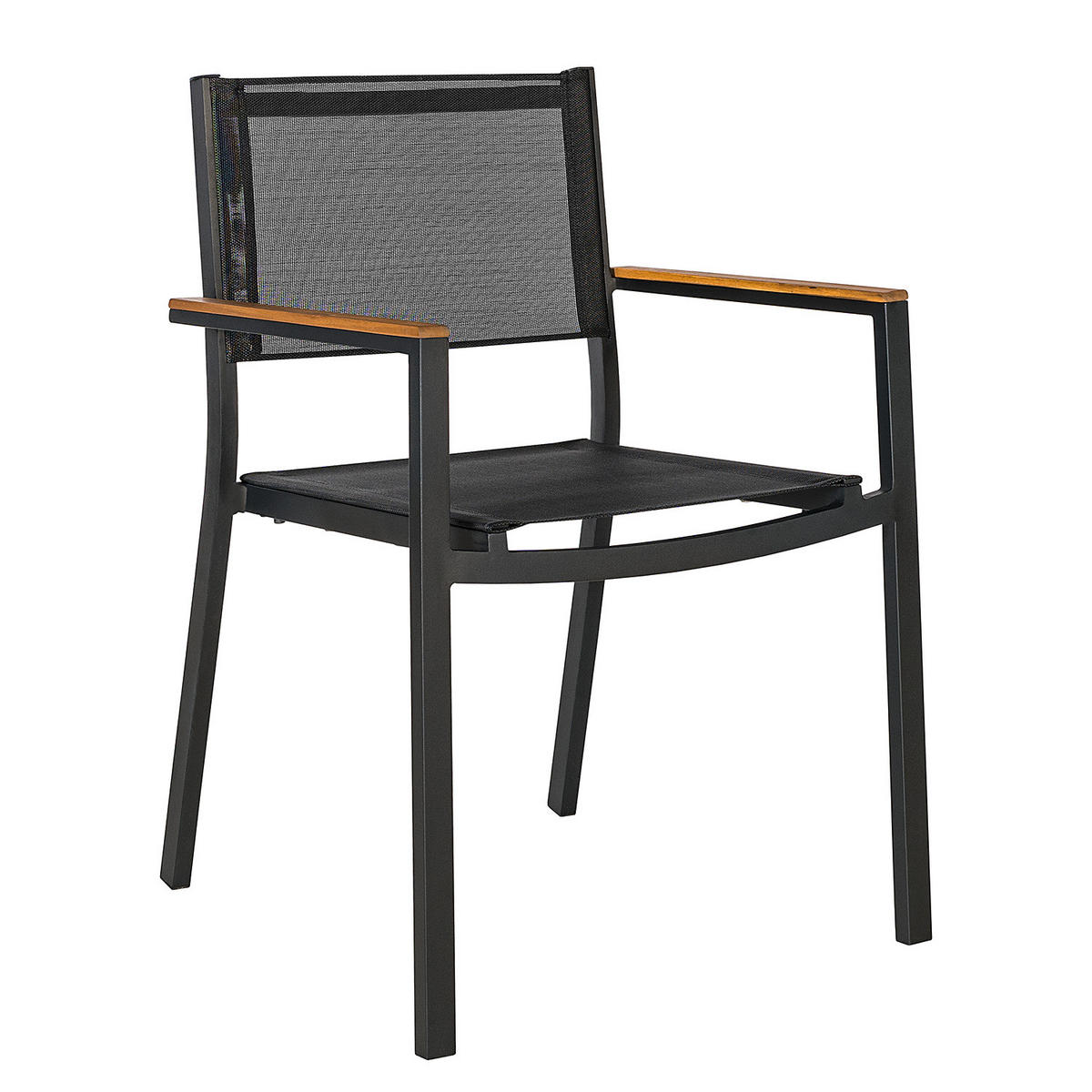 GARTENSTUHL MIT GITTERSTOFF - Textilene / Aluminium - Schwarz - 2er-Set - Schwarz/Braun, Holz/Textil (52/90/53cm) - home24