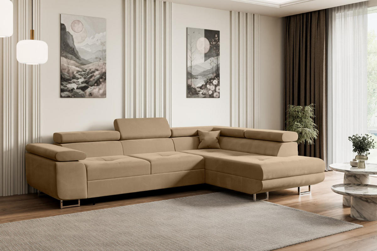 ECKSOFA mit Schlaffunktion und Bettkasten GUSA-L 272x202x107 cm Beige Velours - Beige/Silberfarben, Holzwerkstoff/Textil (272/202cm) - ALTDECOR