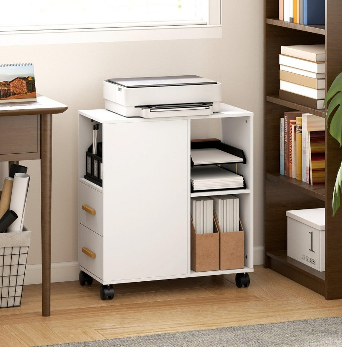 BÜCHERREGAL 60/30/65 cm mit 2 Schubladen, Rollen und verstellbarem Boden in Weiß - Weiß, Holz (60/65/30cm) - BEAOK