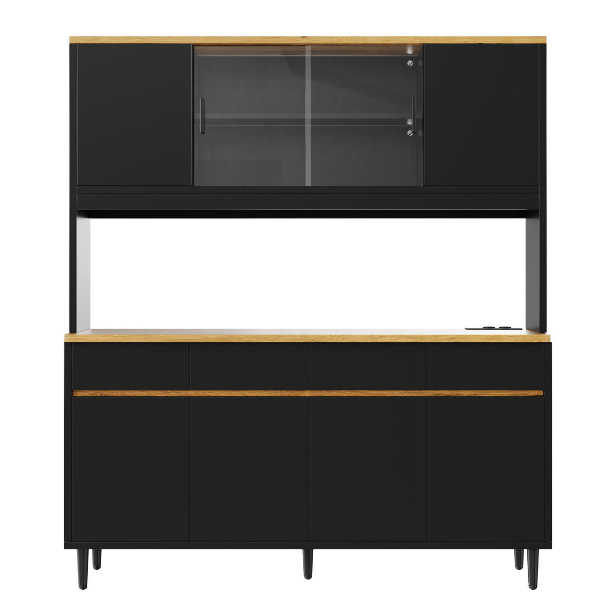 BUFFET mit LED Lichtleiste Steckdose USB-C USB-A Schwarz Eiche 160/40/185 cm - Schwarz, Holzwerkstoff (160/185/40cm) - EVRYAE