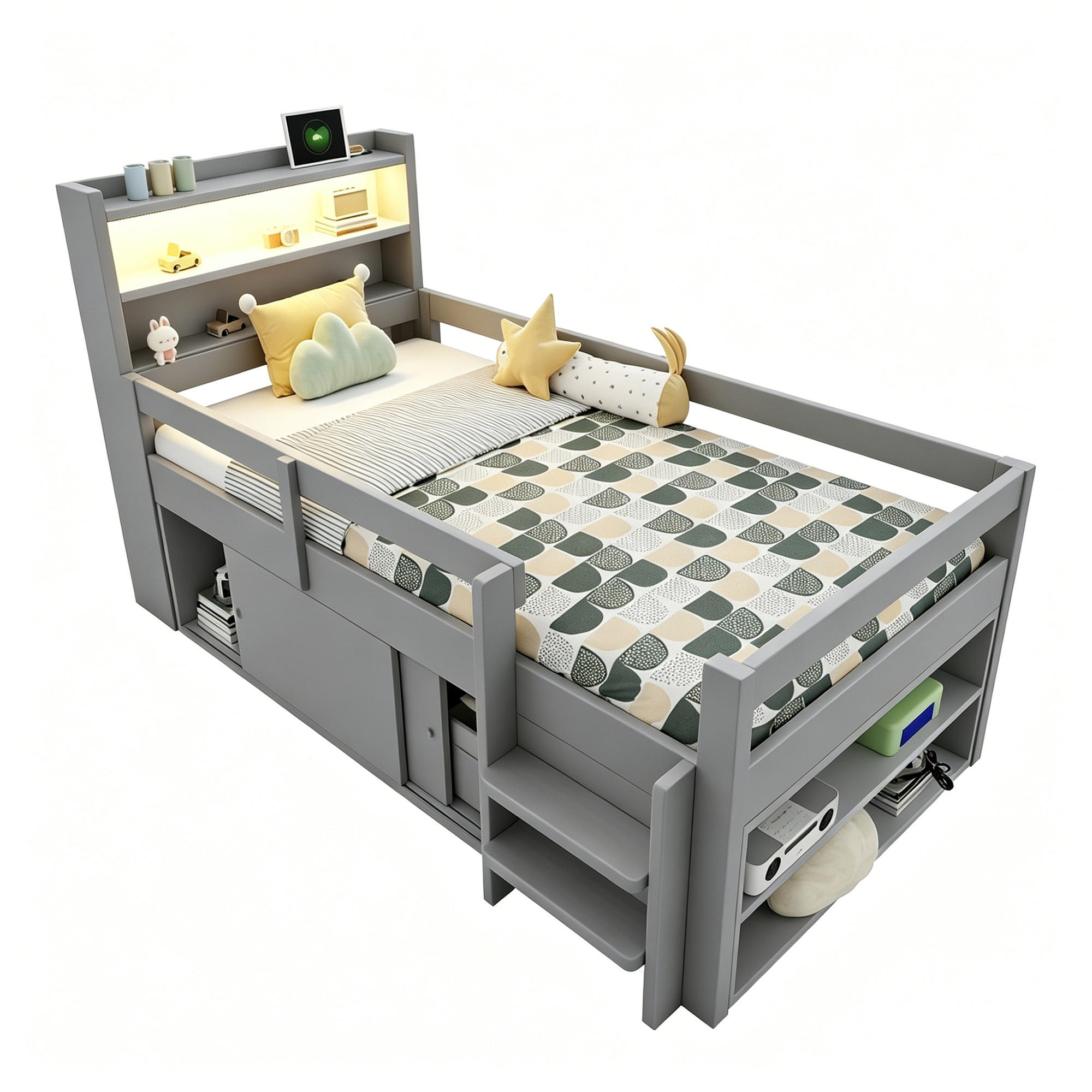 HOCHBETT 90/200 cm in Grau aus Holz mit LED, USB, Stauraum und Schutzgittern - Grau, Holz/Holzwerkstoff (90/200cm) - WISHDOR
