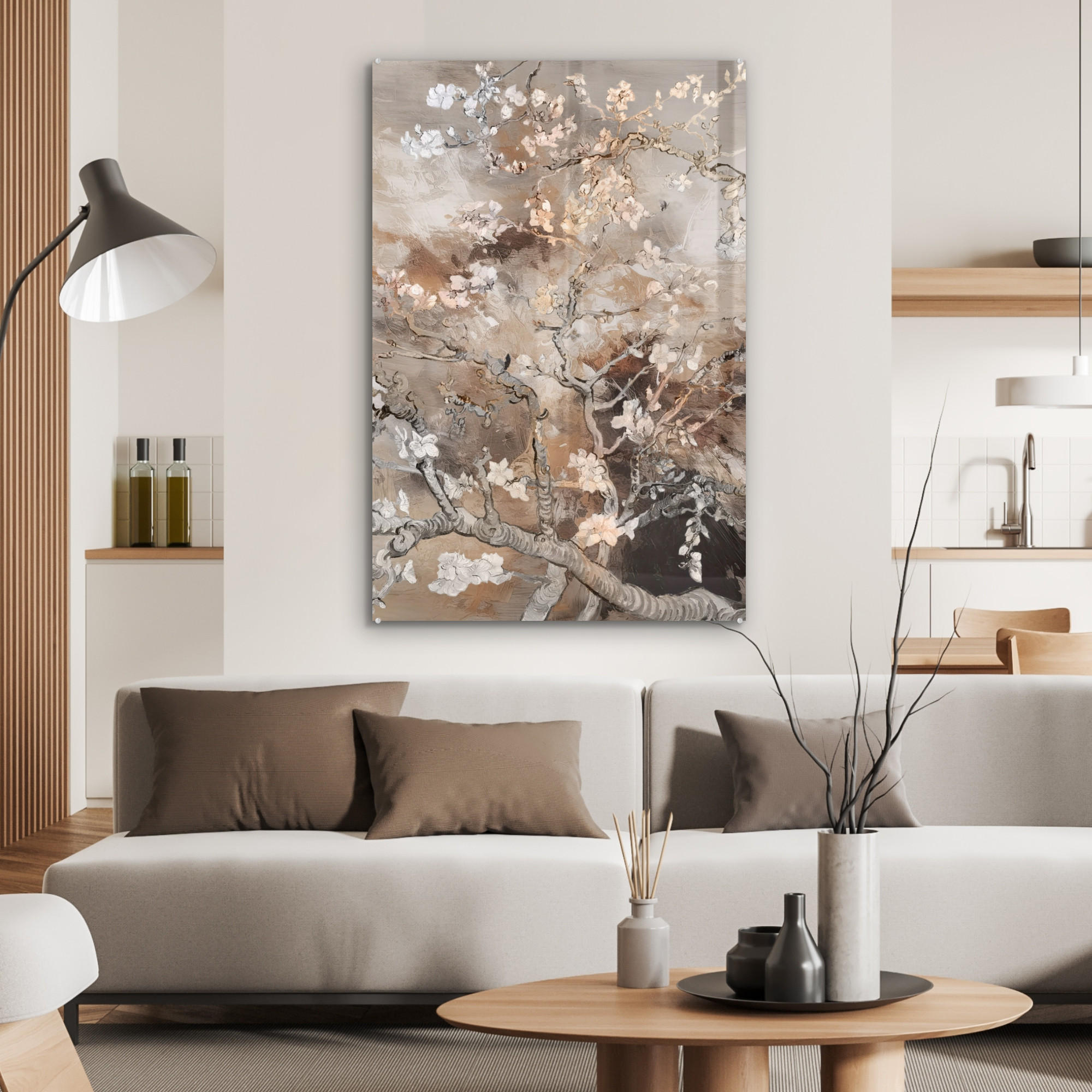 ACRYLGLASBILD Mandelblüte - Kunst - Van Gogh - Beige - Abstrakt 60x90 cm - Braun, Glas (60/90cm) - MuchoWow