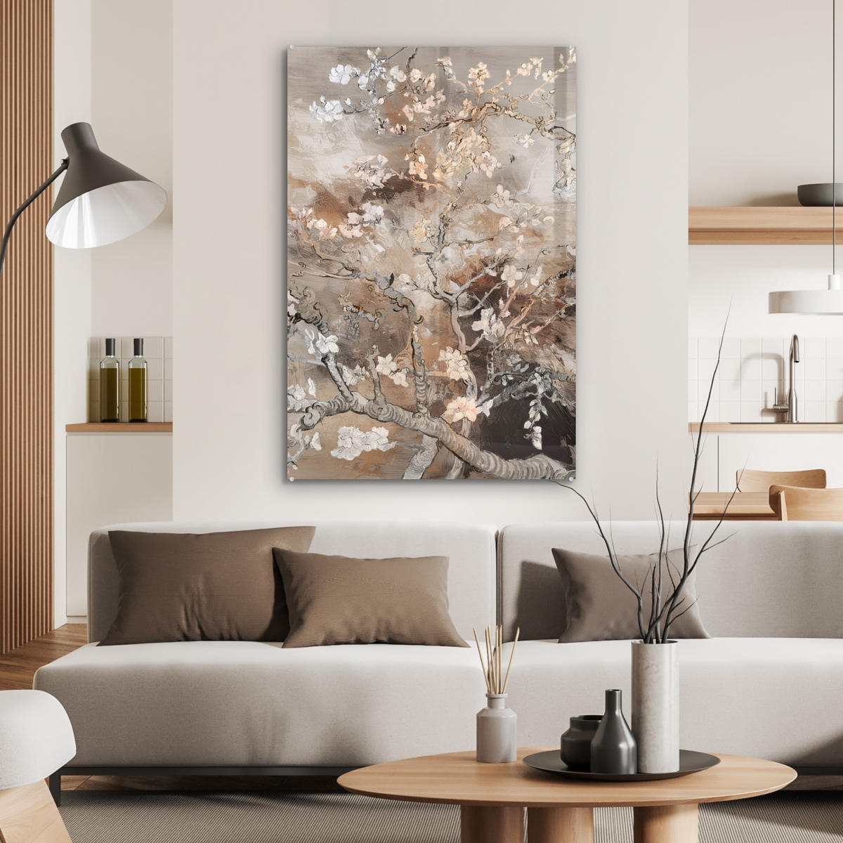 ACRYLGLASBILD Mandelblüte - Kunst - Van Gogh - Beige - Abstrakt 60x90 cm - Braun, Glas (60/90cm) - MuchoWow