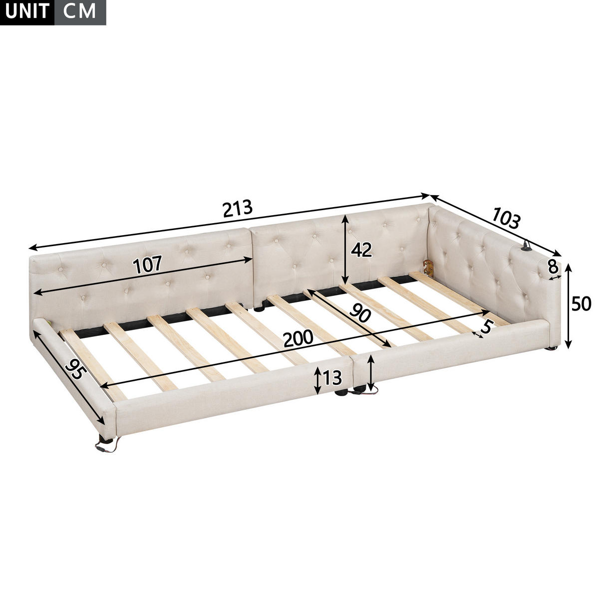 POLSTERBETT 90/200 cm Beige mit LED-Beleuchtung und USB- und Type-C-Anschlüssen - Beige, Textil (90/200cm) - Flora Grace