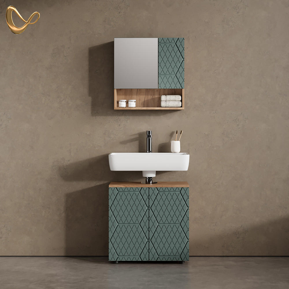 BADMÖBEL-SET Ronco Grün/Goldkraft Eiche 2 Teile, Unterschrank 60 cm - Honigeiche/Grün, Holzwerkstoff (60/59/30cm) - Livinity®