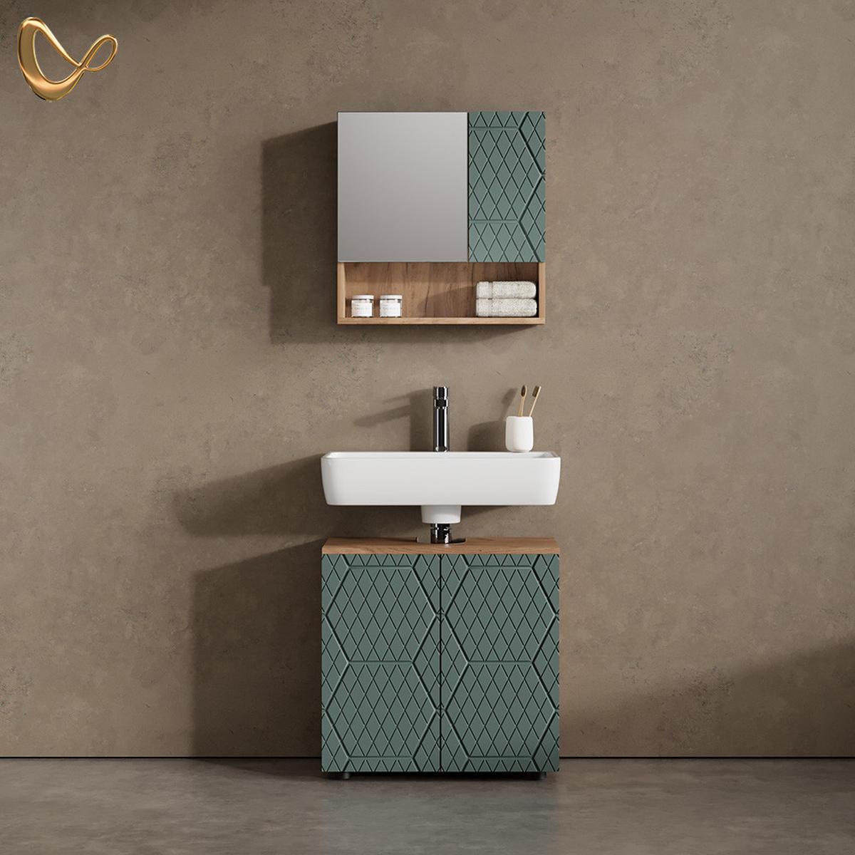 BADMÖBEL-SET Ronco Grün/Goldkraft Eiche 2 Teile, Unterschrank 60 cm - Eiche Wotan/Grün, Holzwerkstoff (60/59/30cm) - Livinity®