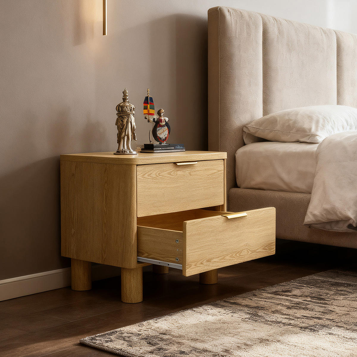 NACHTTISCH mit 2 Schubladen mit zylindrischen Beinen, Holz | B59 x T39 x H55 cm - Braun, Holzwerkstoff (59/55/39cm) - Hometopia