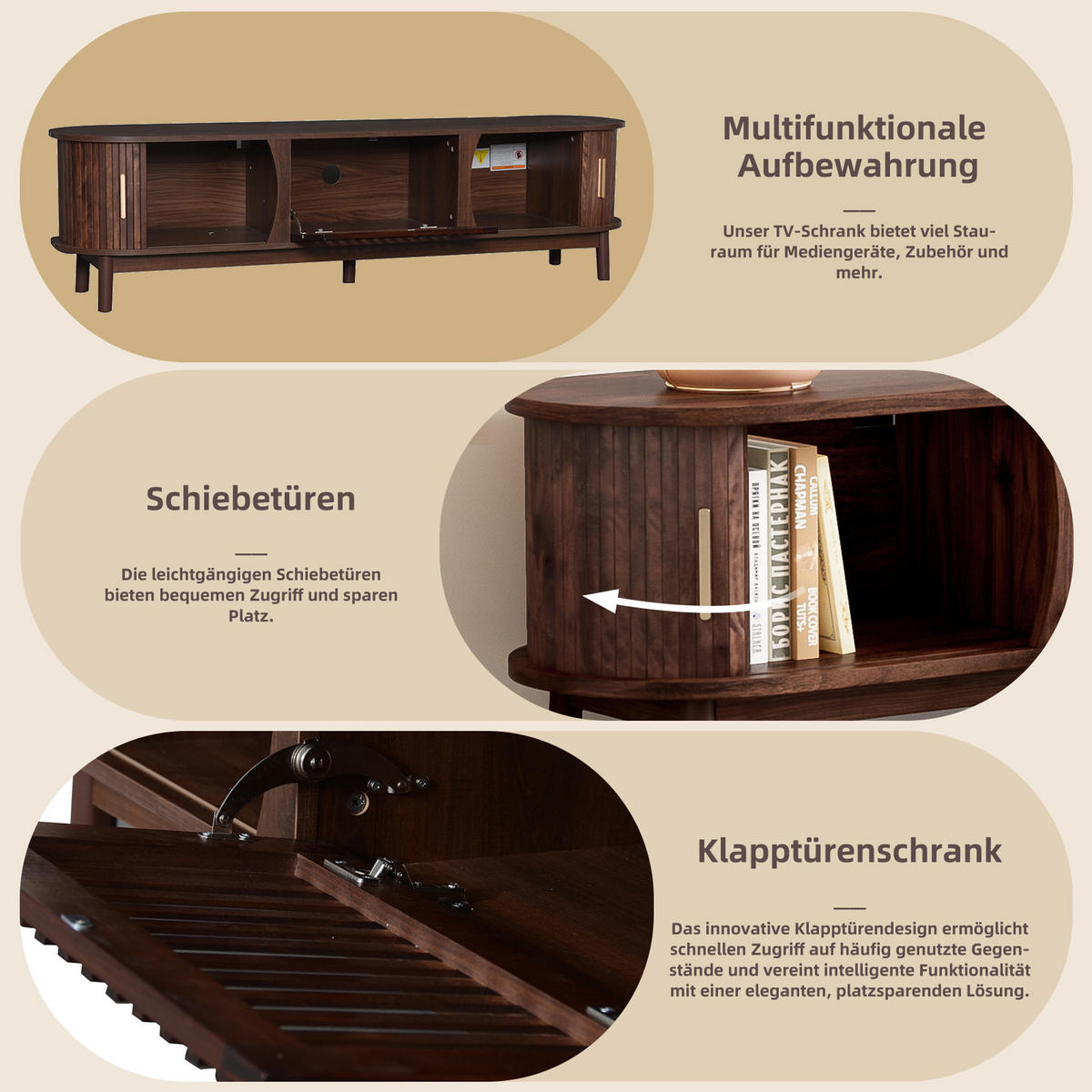 LOWBOARD Walnuss Mit Schiebetüren Und Rollfront - Walnussfarben, Holzwerkstoff (165/46/39.5cm) - Urban Meuble