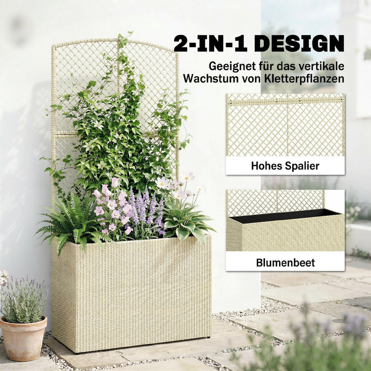 RATTAN-BLUMENKASTEN PE-Rattan Stahl Beige - Beige, Kunststoff (30/163/80cm) - Outsunny