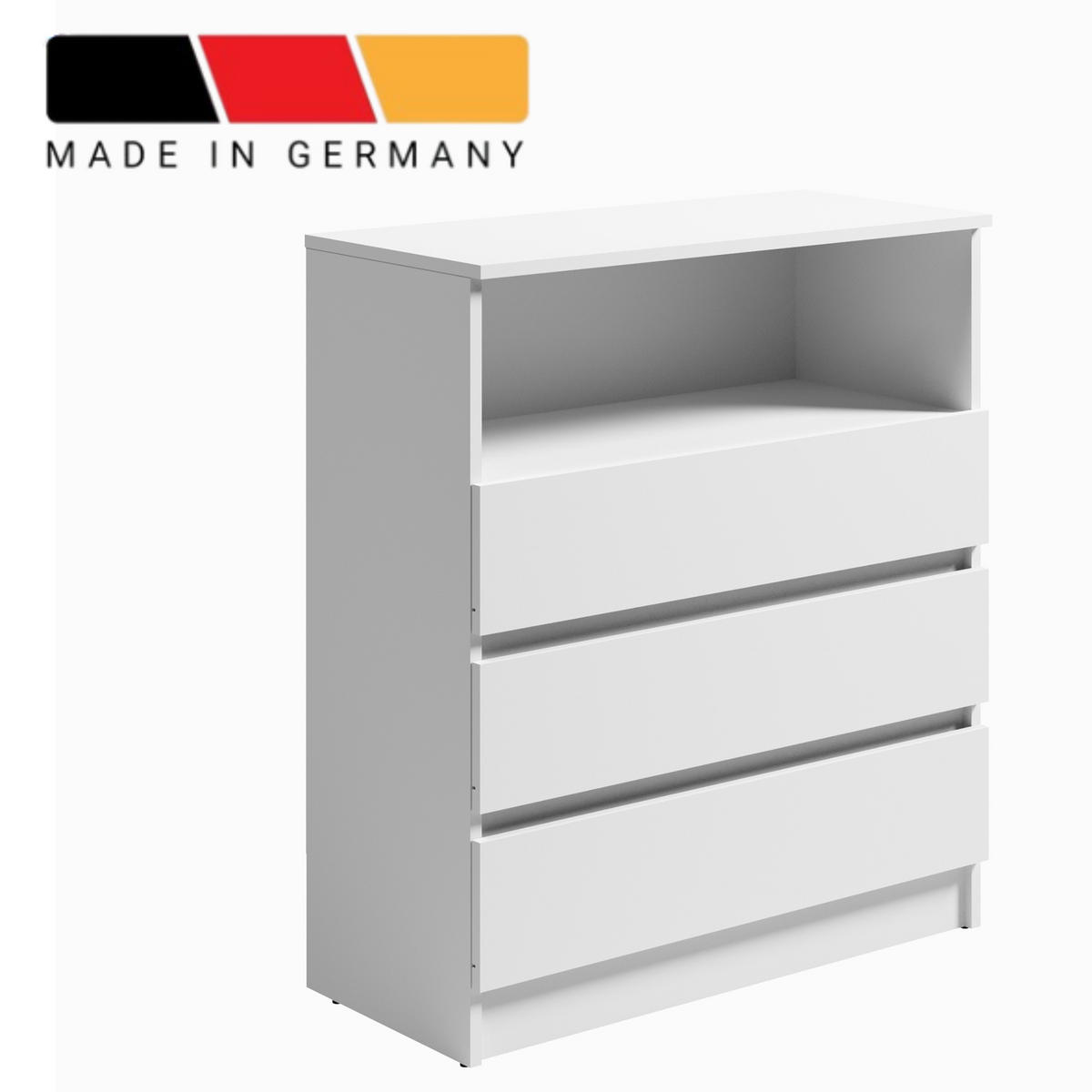 KOMMODE 76 cm breit mit 3 Schubladen & 1 offenes Fach in Weiß - Weiß, Holzwerkstoff (76/87/35cm) - Home Collective