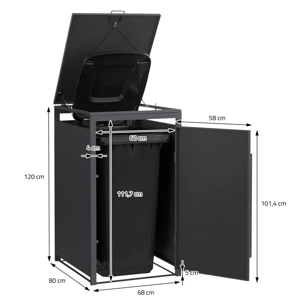 MÜLLTONNENBOX 1er 240L 68x80x120 cm Anthrazit-Eiche dunkel aus Stahl - Dunkelbraun, Metall (80/120/68cm) - ML-DESIGN