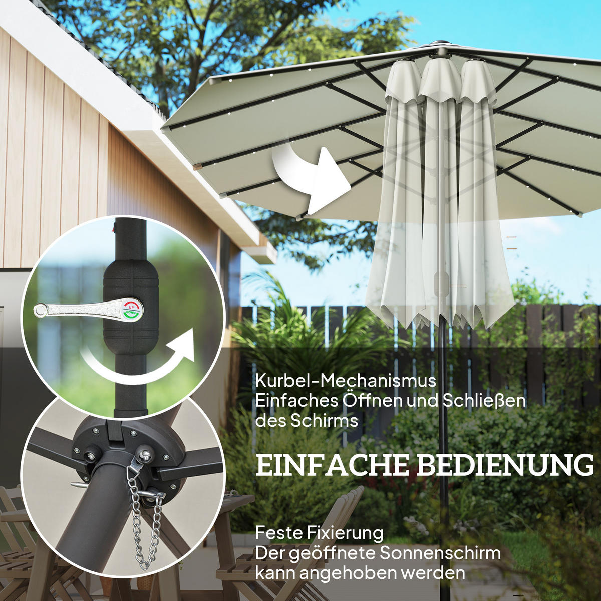 SONNENSCHIRM mit LED, Doppelsonnenschirm, Gartenschirm, Marktschirm, Oval, Metall, Cremeweiß - Weiß, Metall (440/256cm) - Outsunny