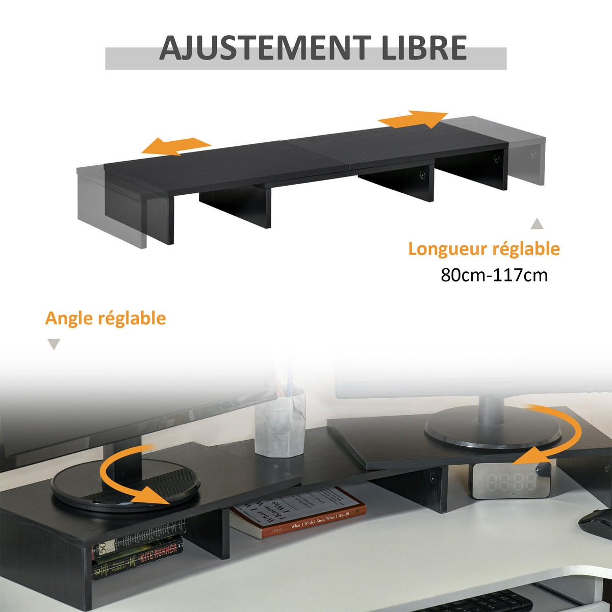 MONITORSTÄNDER DE-16715 ausziehbar 80-117 cm, mit 3 Fächern Schwarz - Schwarz, Holzwerkstoff (117/23.5/10cm) - ComfortXL