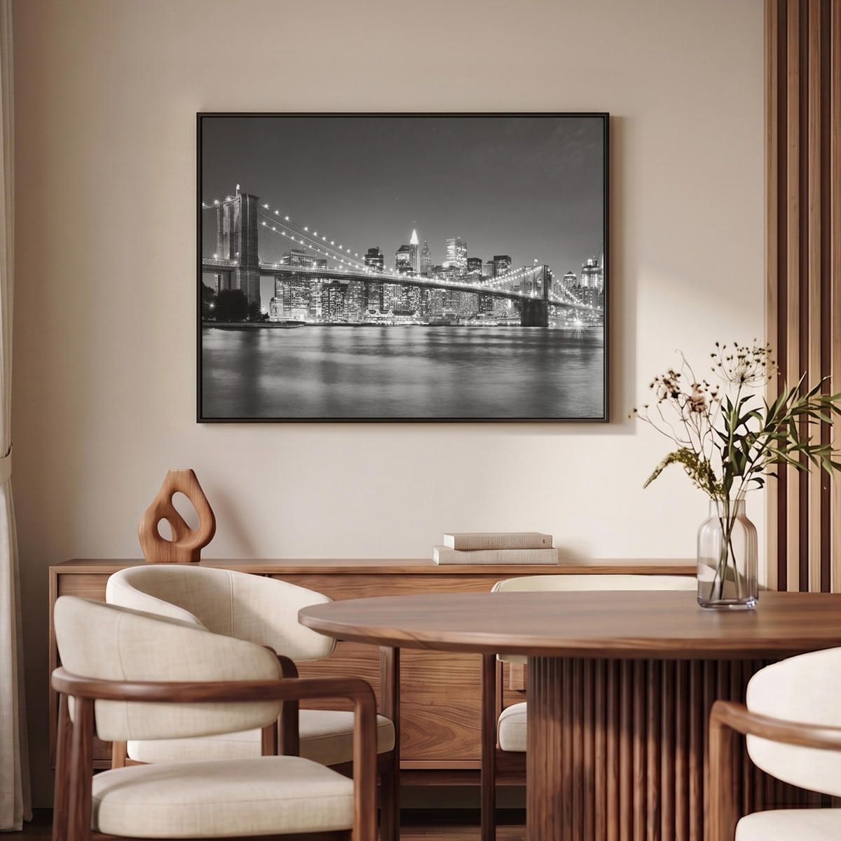 LEINWAND Bilder mit Rahmen - New York - Brücke - Brooklyn - Schwarz und weiß - Architektur - 100x70 - Schwarz, Textil (100/70cm) - MuchoWow