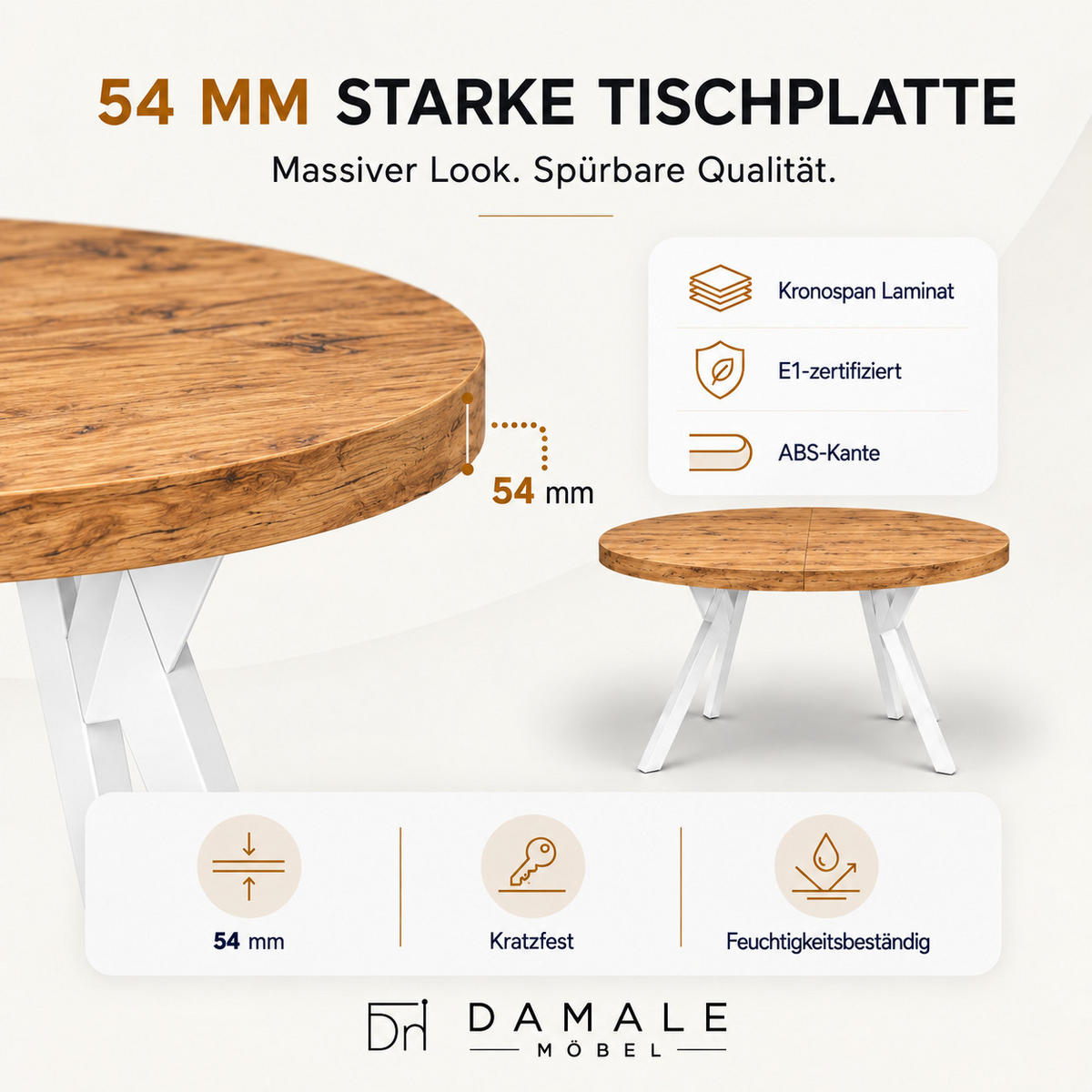 ESSTISCH rund ausziehbar 90/190/76 cm, Eiche Craft, 54 cm Tischplatte + Y Metallgestell Weiß - Eichefarben/Weiß, Holzwerkstoff/Metall (90/190/76cm) - Damale Möbel