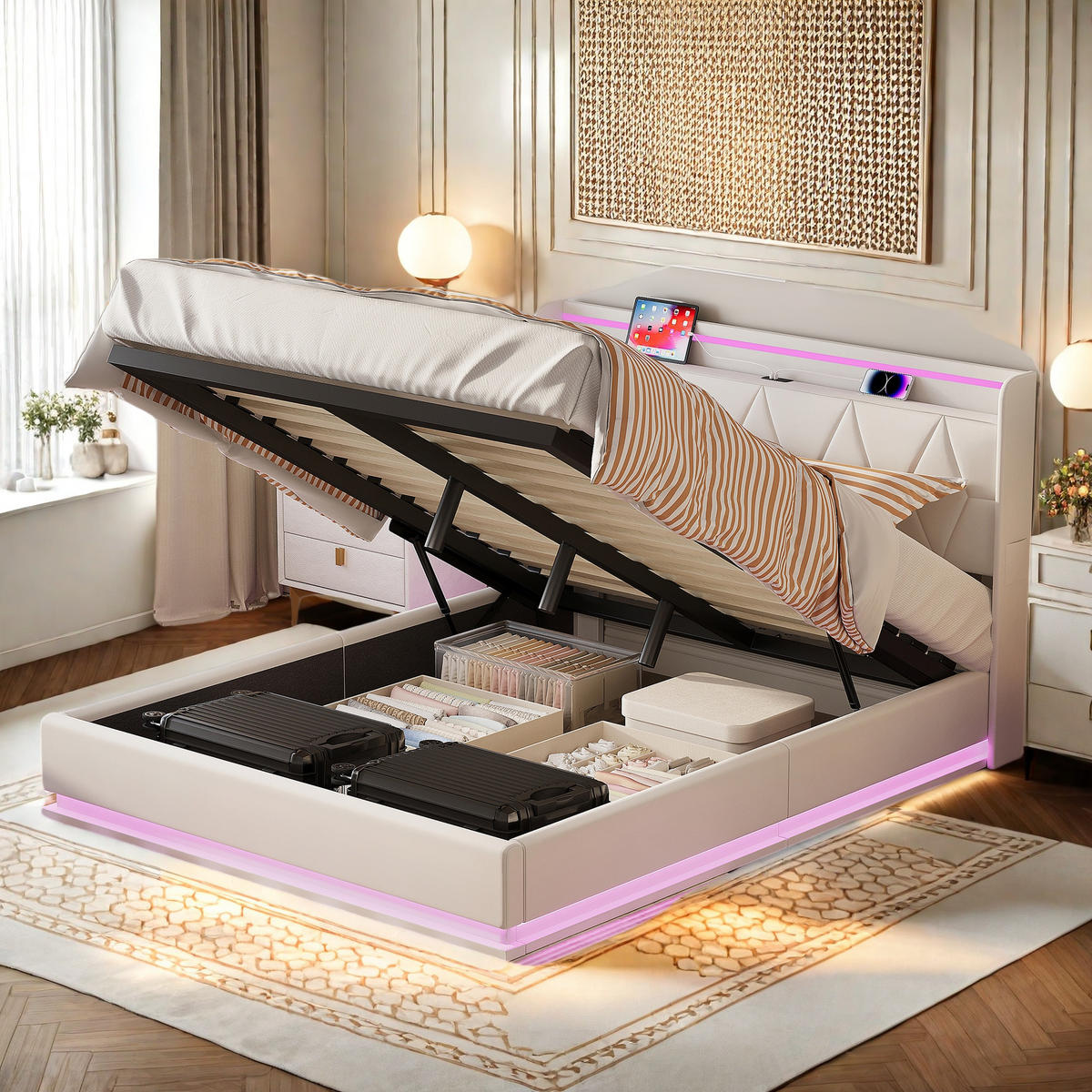 POLSTERBETT 160x200 cm Weiß Samt LED USB Stauraum - Weiß, Metall (160/200cm) - SHOPENTRA