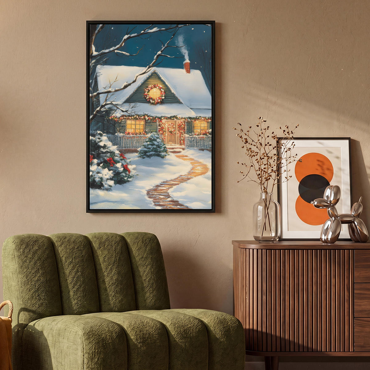 LEINWAND Bilder mit Rahmen - Weihnachten - Weihnachtsbaum - Winter - Zuhause - Schnee - 60x90 - Smaragdgrün, Textil (60/90cm) - MuchoWow