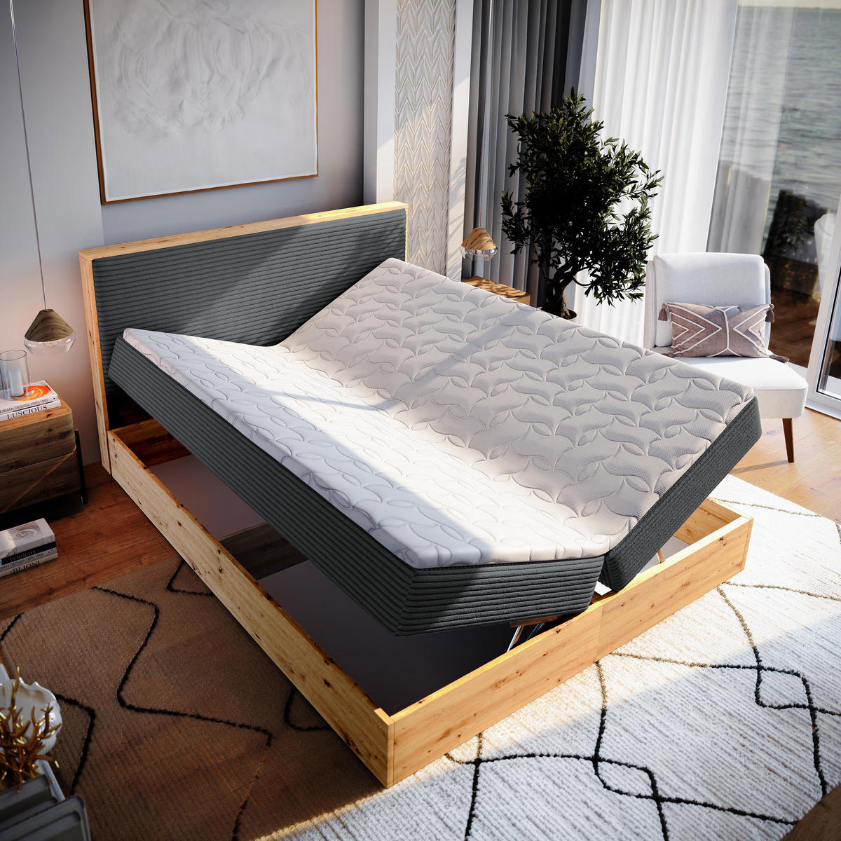 BOXBETT VERDON 160x200 cm mit Matratze und Topper - Graphitfarben - Graphitfarben, Holz (160/200cm) - MASSENO