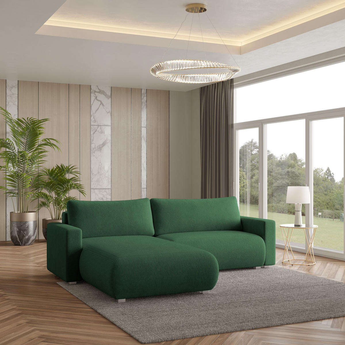 ECKSOFA TURIN P Grün Kordstoff mit Schlaffunktion - Grün, Holz (265/183cm) - MASSENO