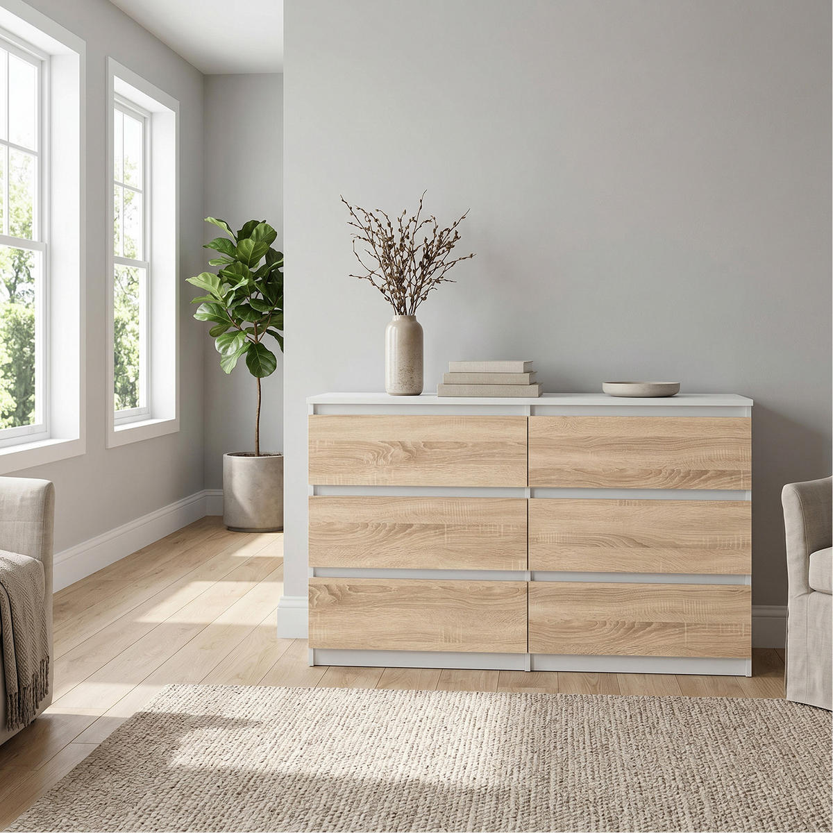 KOMMODE NUDO 120/78,5/39cm mit 6 Schubladen Türen Weiß - Weiß/Sonoma Eiche, Holzwerkstoff (120/78.5/39cm) - MASSENO