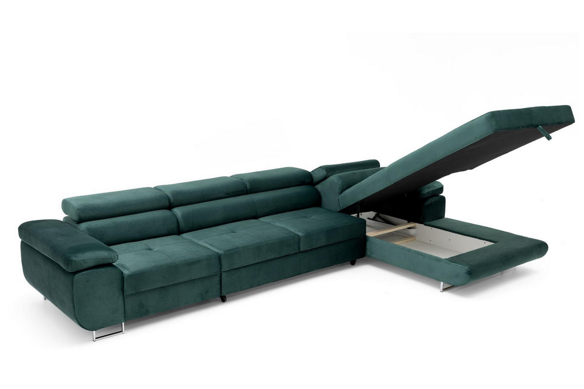 ECKSOFA ALONZO MAXI Rechts mit Schlaffunktion 125x195 Velours Grün - Silberfarben/Grün, Holz/Textil (203/350cm) - Muffo