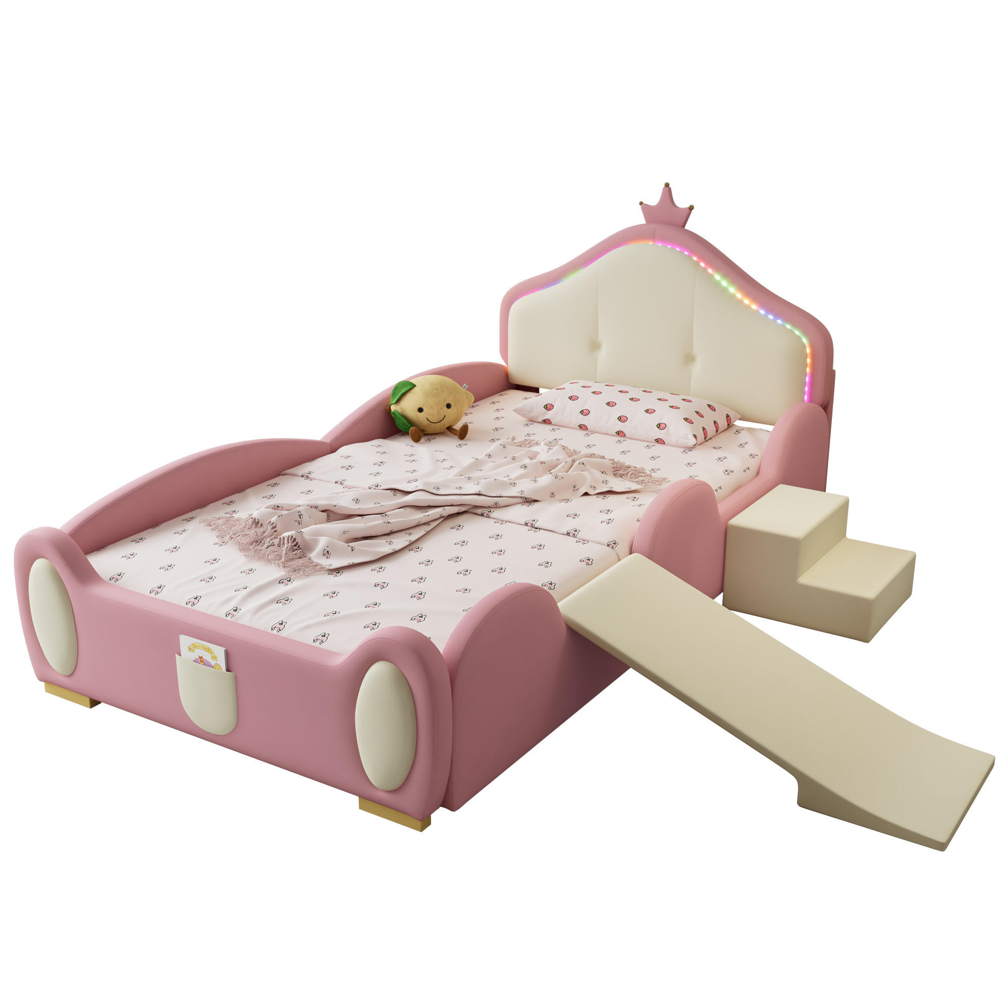 KINDEREINZELBETTEN aus Kunststoff 90x200 cm in Rosa mit LED, Rutsche & Treppe - Rosa, Kunststoff (90/200cm) - Modfu