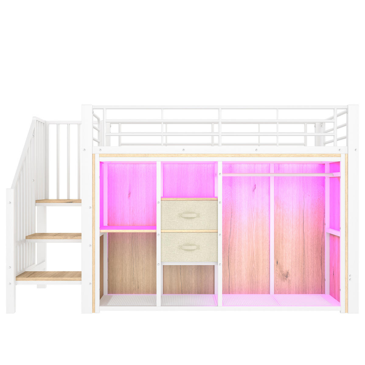 HALBHOHES BETT 90/200 cm Weiß mit 2 Schubladen und LED-Beleuchtung - Weiß, Metall (90/200cm) - MIVRAY