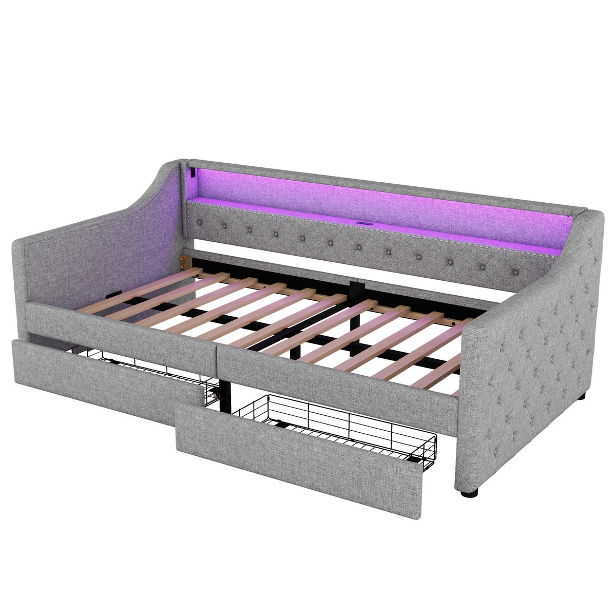 POLSTERBETT aus Leinen 90x200 cm in Grau mit LED & USB & 2 Schubladen - Grau, Textil (90/200cm) - Modfu