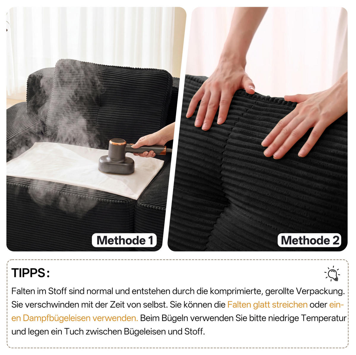 ECKSOFA 295/295/69 cm schwarz aus Cord mit 32D-Schaum und modularem Design - Schwarz, Textil (295/295cm) - OKWISH