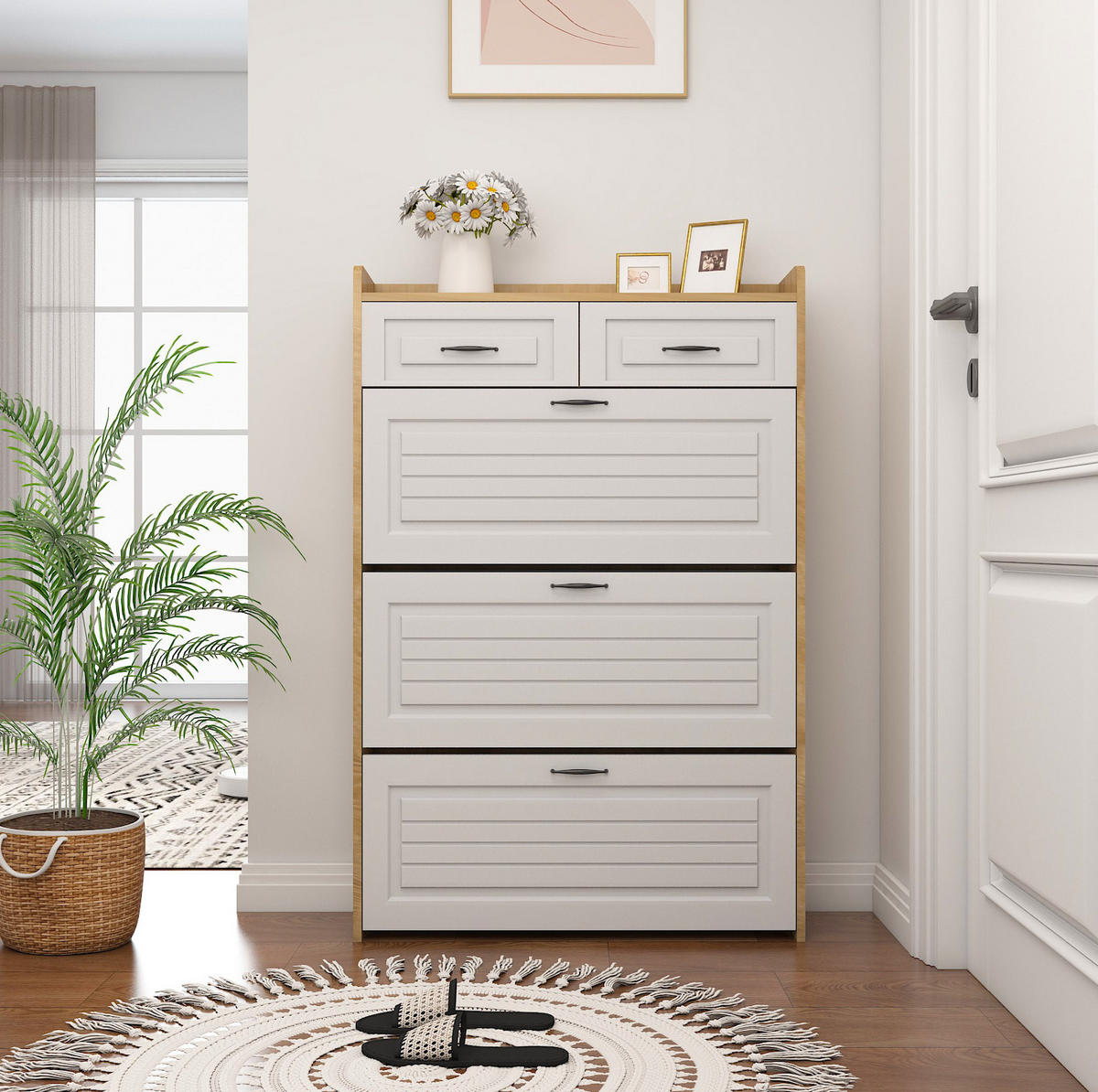 SCHUHSCHRANK mit 3 Klappen und 2 Schubladen 80 x 23,5 x 131 cm Weiß Natur - Braun, Holzwerkstoff (23.5/131/80cm) - Beauniv