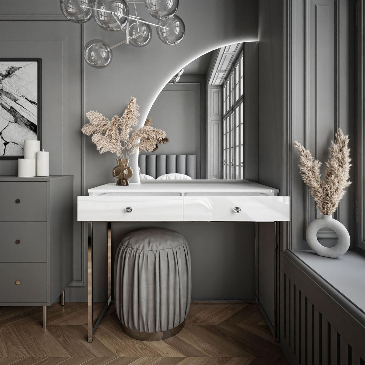 SCHMINKTISCH weiß QUINNIE GLAMOUR mit LED-Spiegel links Griff Kristall - Silberfarben/Weiß, Holzwerkstoff (100/176/42cm) - Lookway