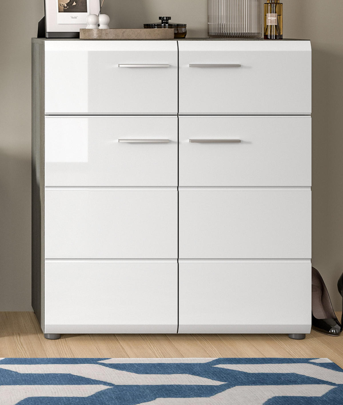 SCHUHSCHRANK weiß Hochglanz, grau 80 cm, Schuhkommode mit viel Stauraum - Weiß Hochglanz/Silberfarben, Holzwerkstoff/Kunststoff (80/90/37cm) - Inn.Furn