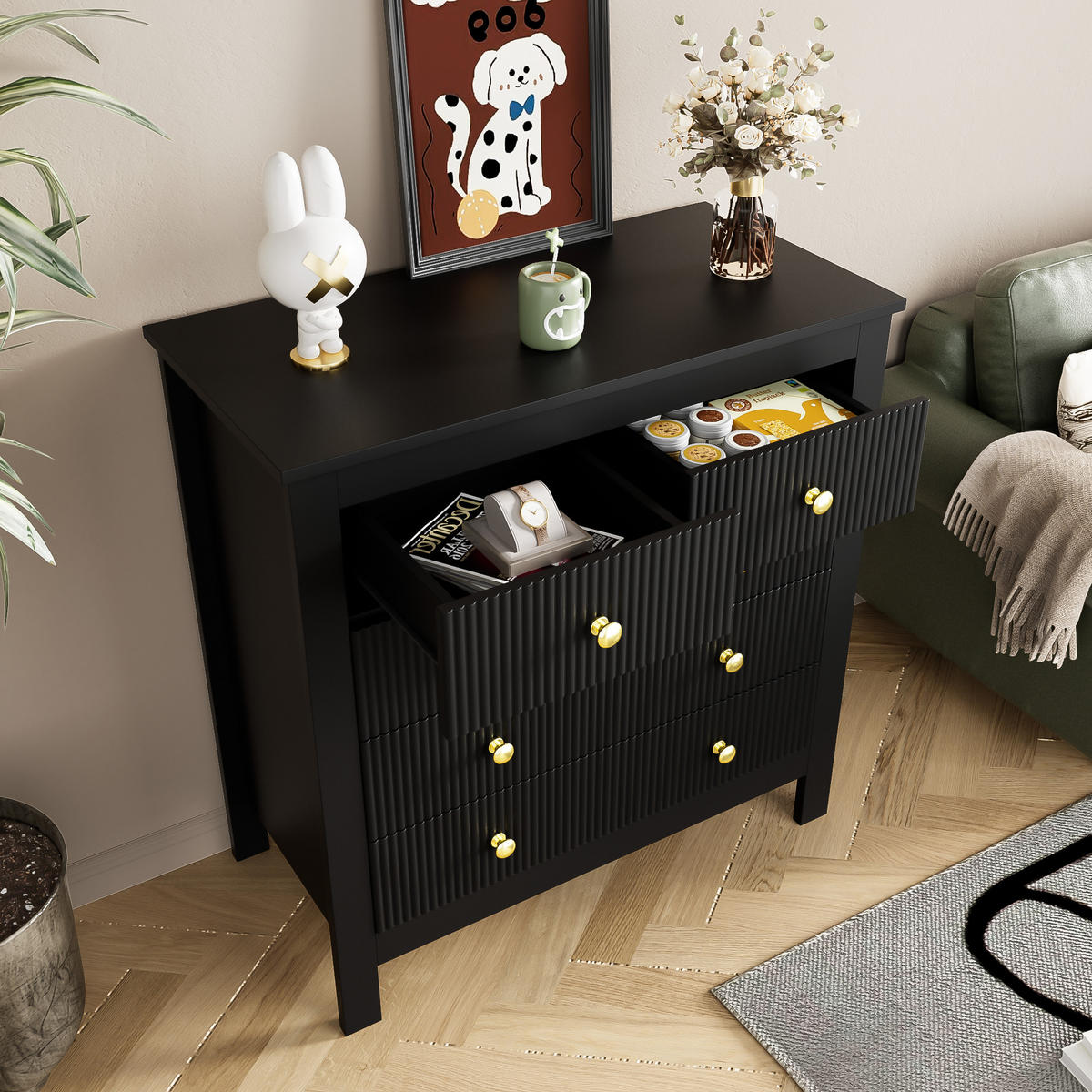 SIDEBOARD Goldgriffe multifunktional - Schwarz, Holzwerkstoff (79/80.05/39.5cm) - LEBENLANG