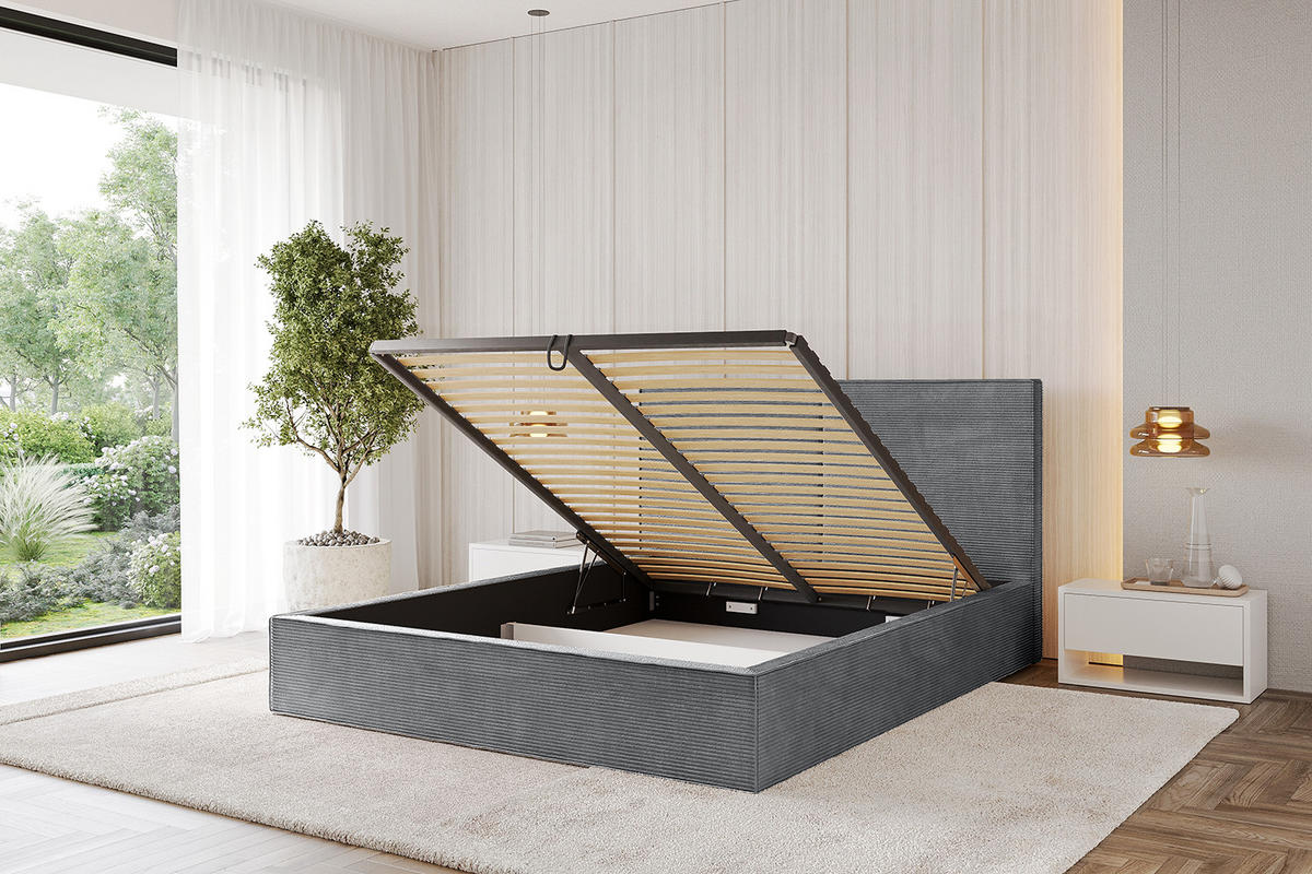 POLSTERBETT mit Bettkasten und Lattenrost, Bett mit Matratze H3/H4 - EMMI 180x200 Dunkelgrau - Anthrazit, Holzwerkstoff/Textil (180/200cm) - ALTDECOR
