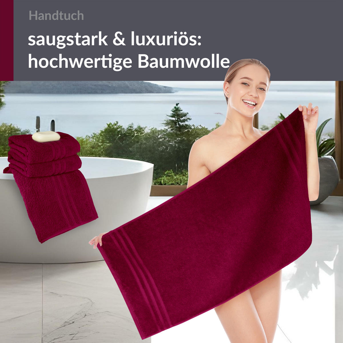 HANDTUCH 50x100 cm London Kirsch Rot 4er Set - Kirschrot, Textil (50/100cm) - Lashuma