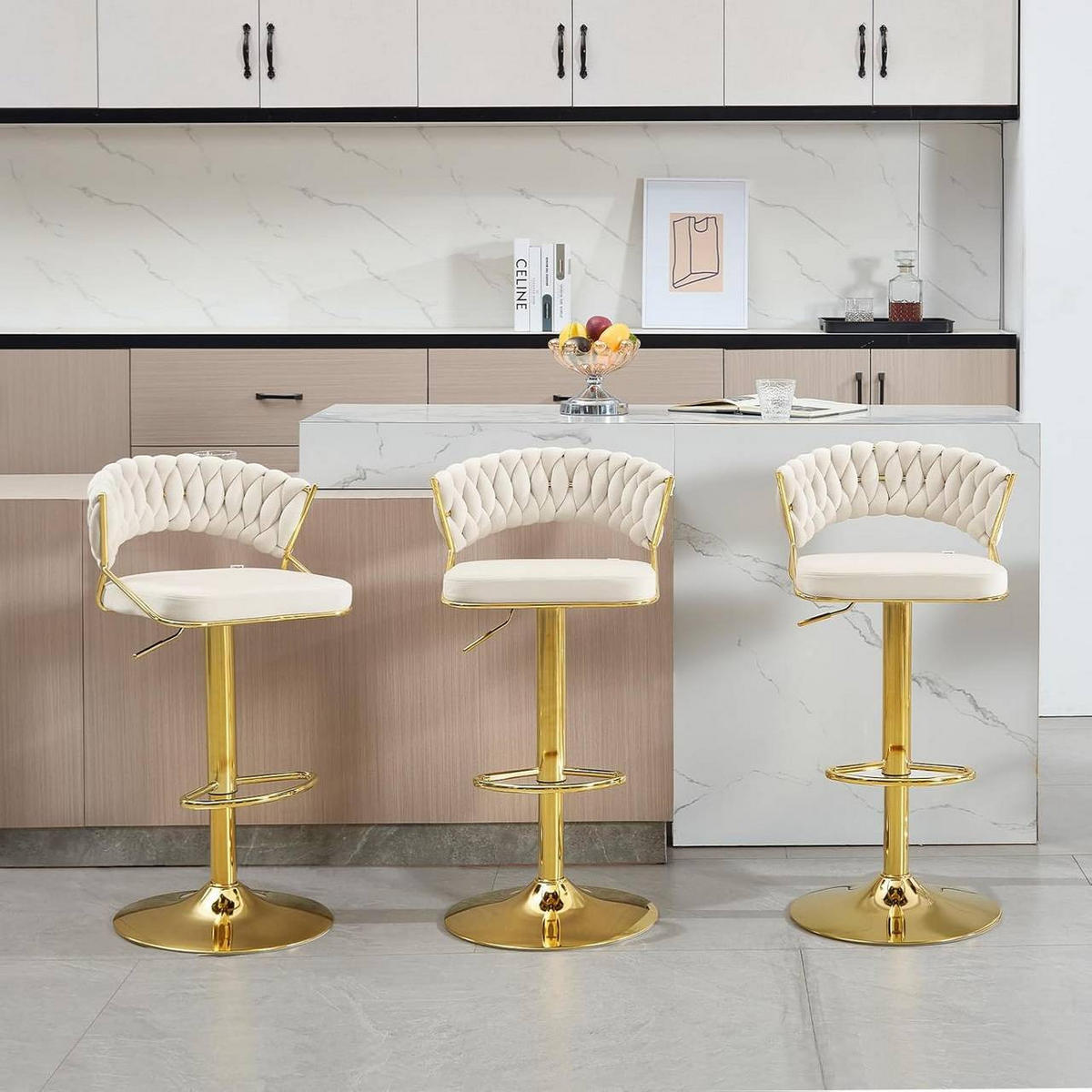 BARHOCKER mit geflochtener Rückenlehne, Samt, Creme - Goldfarben/Creme, Textil/Metall (48/83/46.5cm) - Woltu