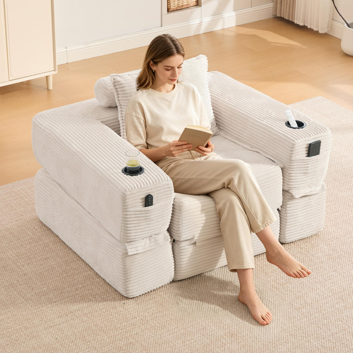 SCHLAFSOFA mit Cordbezug, Federkern, Getränkehalter und Seitentasche in Beige - Beige, Textil (122/80/98cm) - EVRYAE
