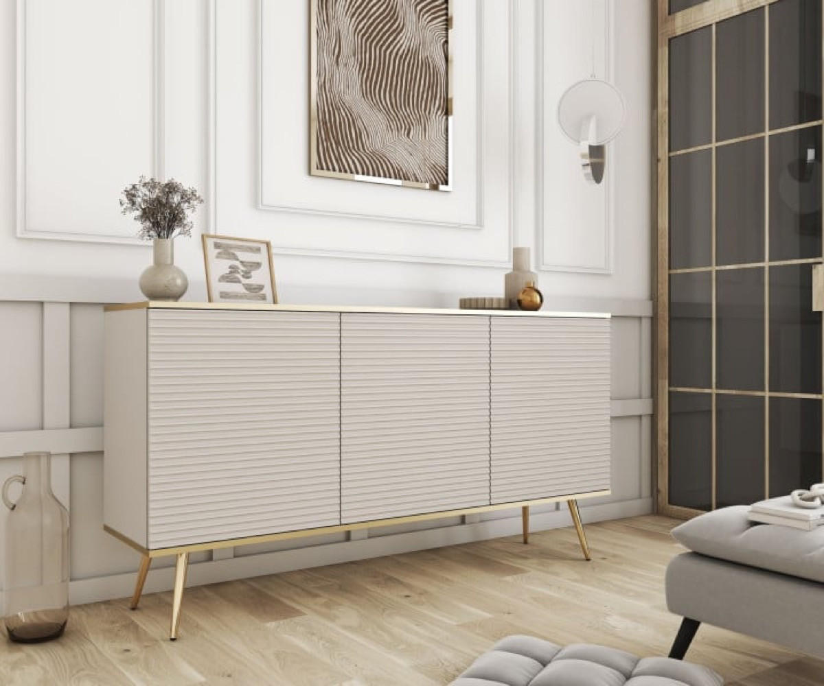 SIDEBOARD Beige POLO Mit Gerillten Fronten Auf Hohen Goldenen Beinen - Beige, Holzwerkstoff (160/85/39cm) - Sepro Meble