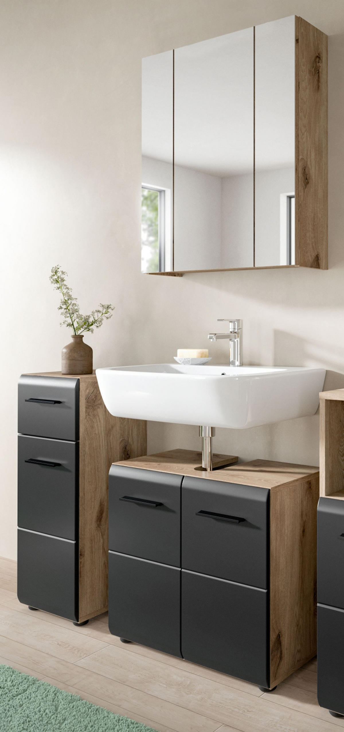 BADMÖBEL Set 3-teilig in schwarz matt und Nox Eiche Badkombination 105 x 185 cm Cover - Eichefarben/Schwarz, Glas/Holzwerkstoff (105/185/30cm) - Inn.Furn