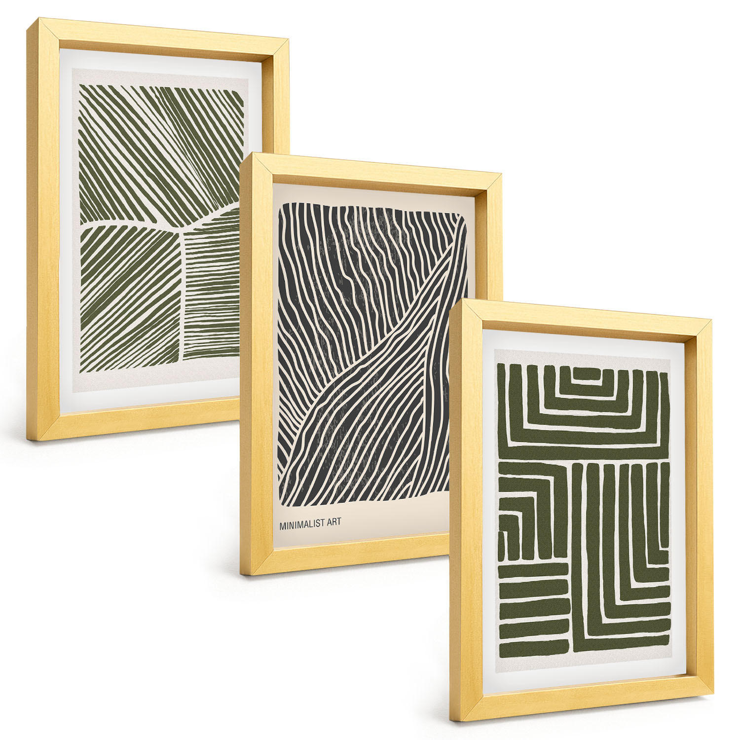 BILDER SET 3er Set - 20x30 cm Goldrahmen - Muster Linien Formen grün - Goldfarben, Kunststoff (20/30cm) - TULUP