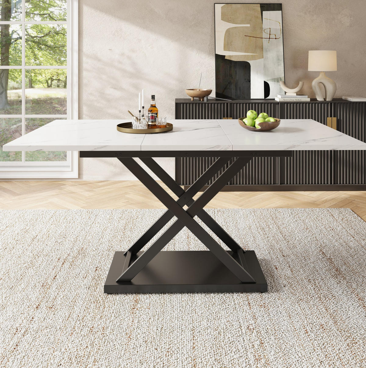 JEDÁLENSKÝ stôl 120-160/80/75 cm, MDF, biely/mramorový, rozkladací - biela, kompozitné drevo (160/80/75cm) - BEAOK