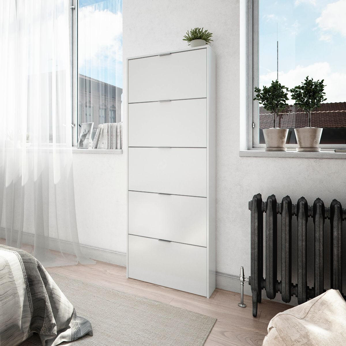 SCHUHSCHRANK 5 Klappen Zapateros - L70 cm - Weiß, Holzwerkstoff (17/180/70cm) - Calicosy