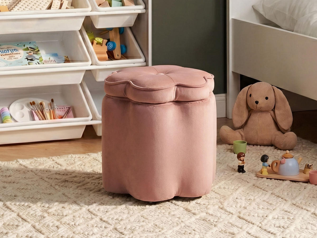KINDERHOCKER mit Stauraum Samtstoff Rosa Blume Flower - Pink/Schwarz, Textil (40/38/40cm) - Beliani