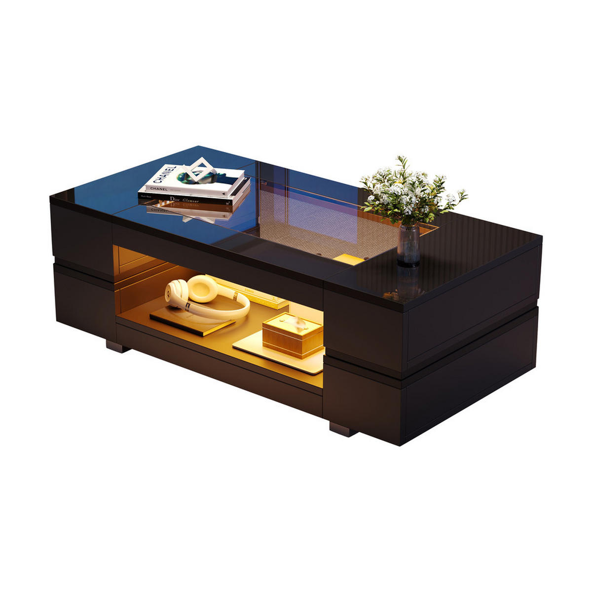 COUCHTISCH Schwarz LED Bluetooth App Hochglanz Doppelschicht Hohl Design - Schwarz, Holz (72.39/60.96/20.32cm) - FLIEKS