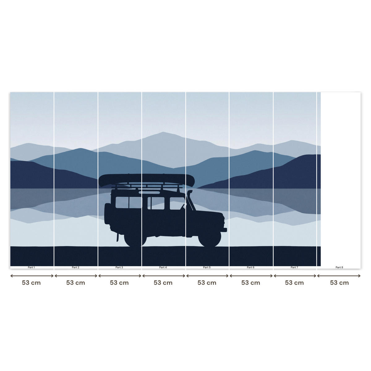 KINDERTAPETE - Auto - See - Berge - Blau - 400x220 cm - Blaugrau, Papier (400/220cm) - OnlyWow