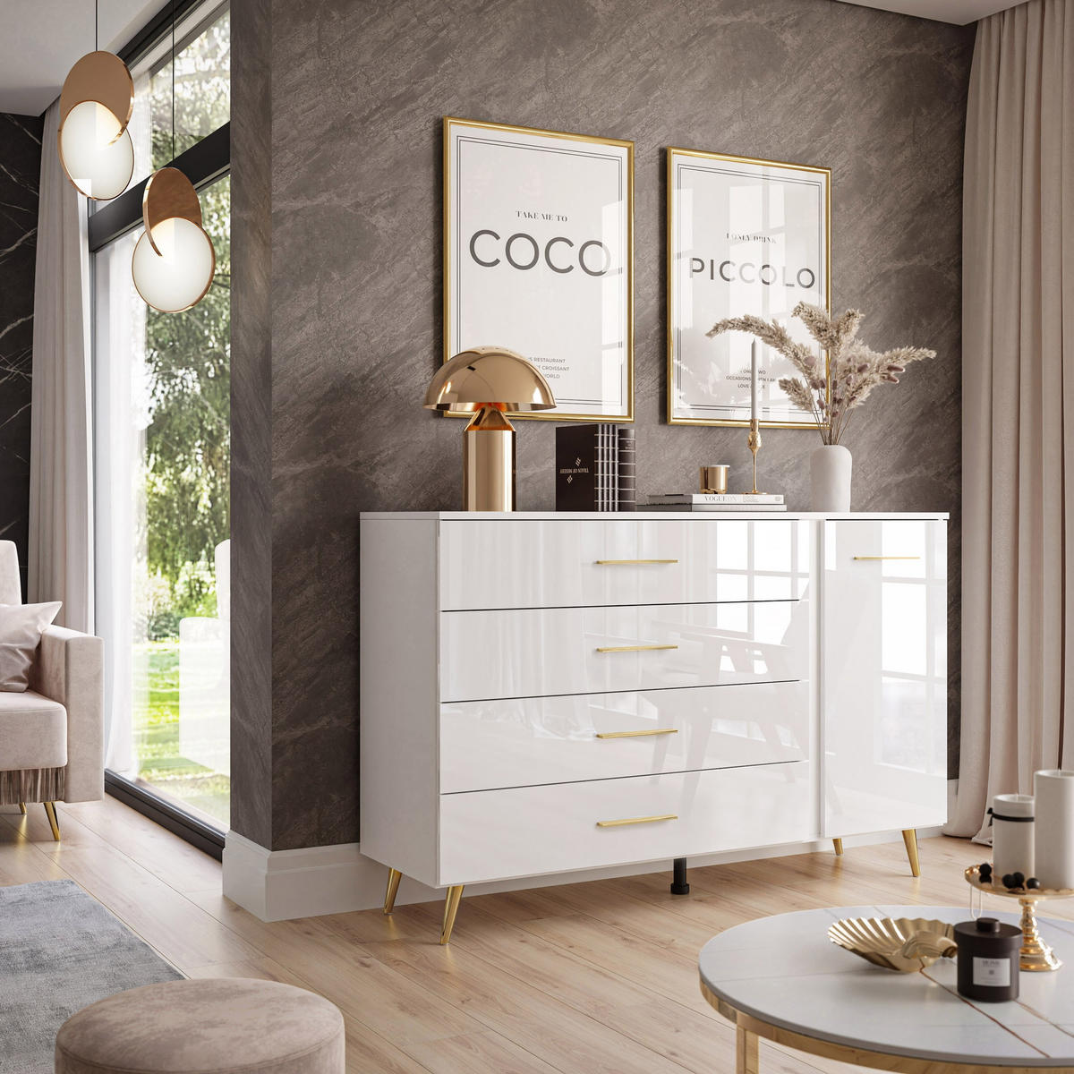 KOMMODE AURA II mit Griffen und LED-Beleuchtung Beinfarbe – Gold - Goldfarben/Weiß, Holzwerkstoff (138/90/40cm) - Lookway